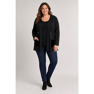 Susan Graver Weekend Cardigan Women Medium Black Hooded Velvet Pocket Open Front